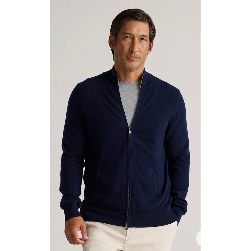 Quince Mens Mongolian Cashmere Full Zip Sweater True Navy Blue Mock Neck Small
